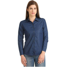 Womens Denim Solid Casual Collared Neck Shirt Navy Blue Fabric